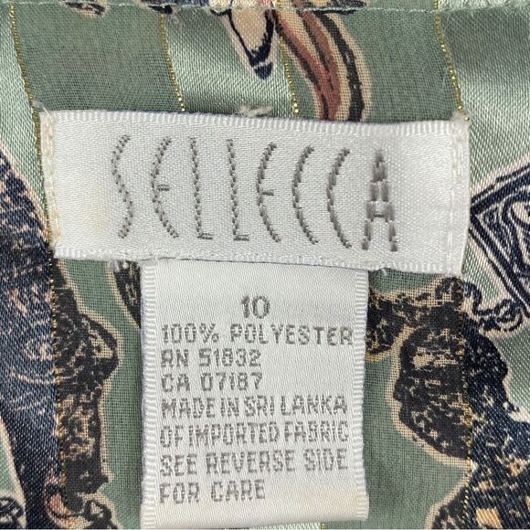 Sellecca Vintage Satin Printed Button Front Blouse Sage Green 10 - Picture 9 of 12